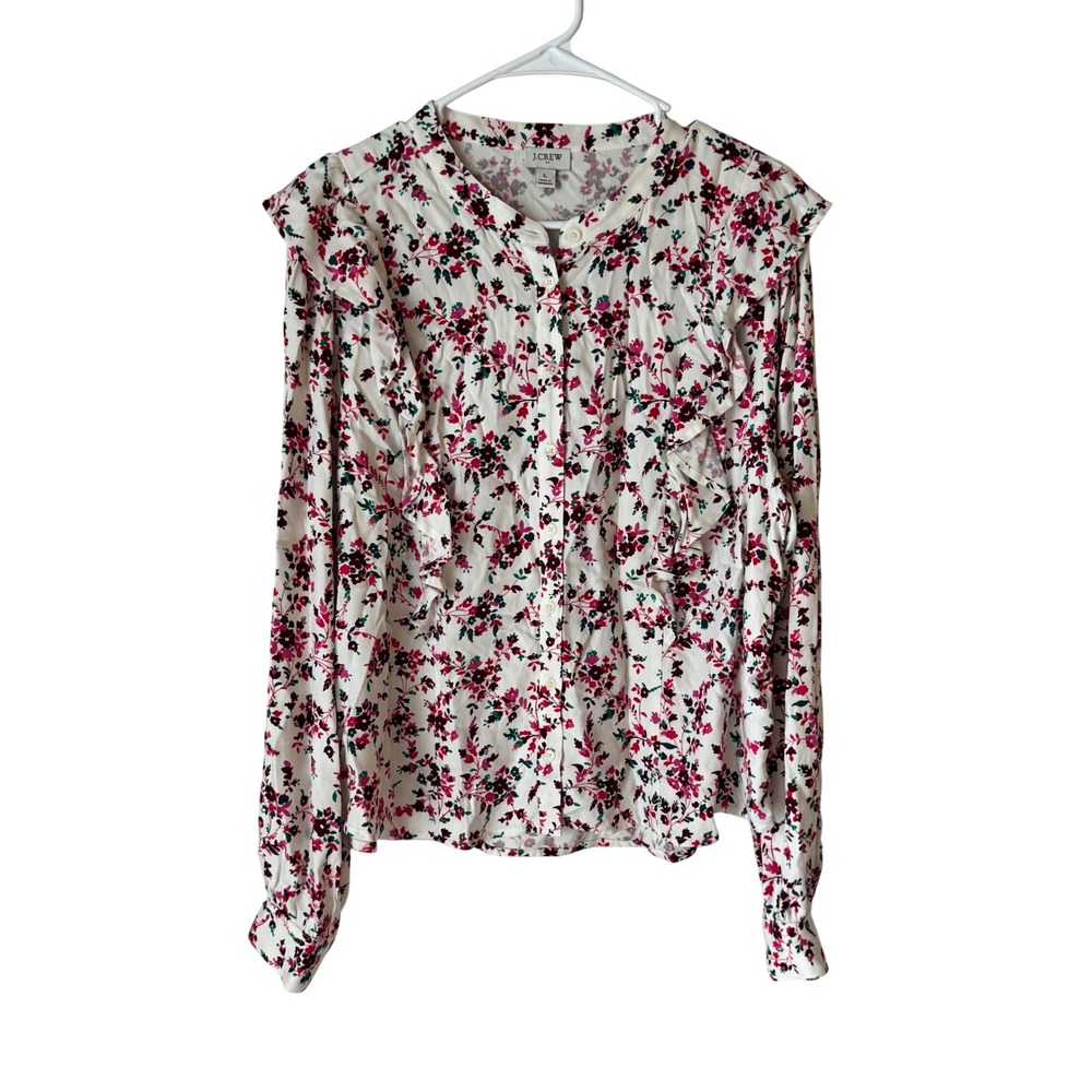 J.Crew Floral Ruffle Button Down Blouse White Pink BM003 L